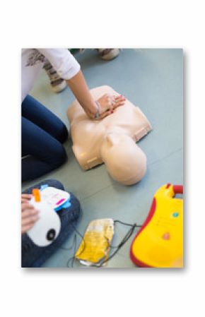 First aid cardiopulmonary resuscitation course using automated external defibrillator device, AED.