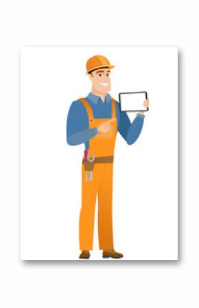 Smiling builder holding tablet computer