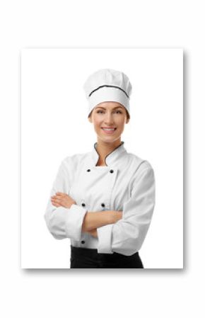 Portrait of female chef isolated on white