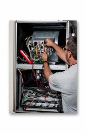 Mechanic works on a home furnace with volt meter