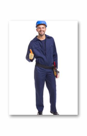 Happy smiling worker thumbs up on a white background