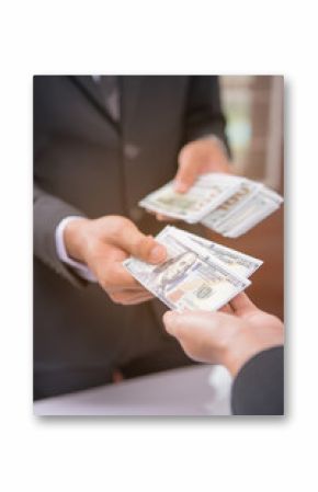 Businessman giving money to business woman,hand receiving money, US dollar