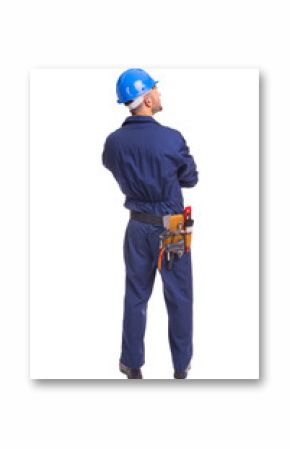 Back view of young worker standing on a white background