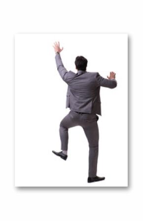 Businessman climbing virtual obstacle isolated on white