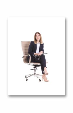 Young businesswoman with laptop sitting in office chair on white background
