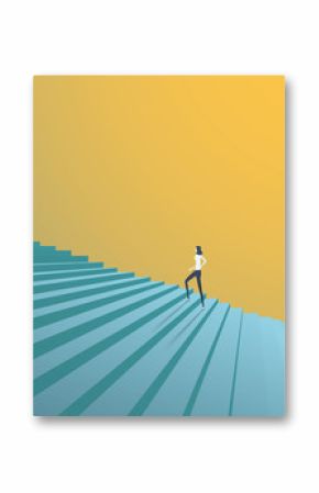 Buisnesswoman climbing career steps vector concept. Symbol of ambition, motivation, success in career, promotion.