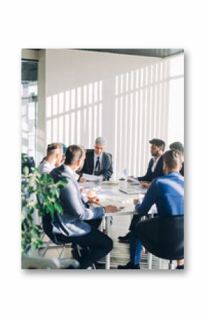  onstruction company management board members headed by grey-haired caucasian director analyzing company statistics during office meeting, consider stats diagrams making predictions