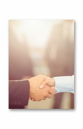 Cropped image of businesswoman and businessman shaking hands with bright light in background