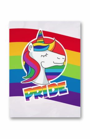 Image of rainbow pride text and unicorn over rainbow background