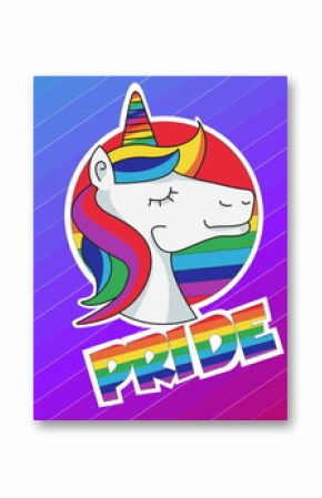 Image of pride text over unicorn and rainbow stripes