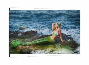 Beautiful fashionable mermaid sitting on a rock by the sea