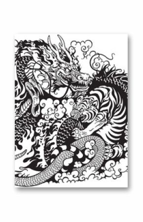 dragon and tiger fight black white