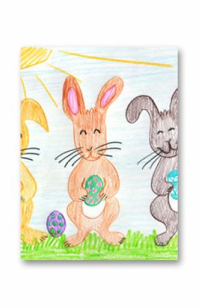 drei lustige Osterhasen mit bemalten Eiern