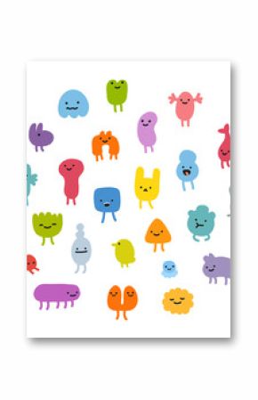 Set of cute little cartoon monsters with different shapes, colors and facial expressions.