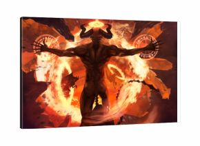 Burning diabolic demon summons evil forces and opens hell portal with ancient alchemy signs illustration.