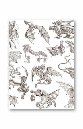 Dragons. An hand drawn freehand sketches. Originals.