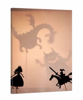 Shadow Puppets of Beautiful Princess and Brave Knight. Bright glowing screen of shadow theatre with monsters shadows in the background.