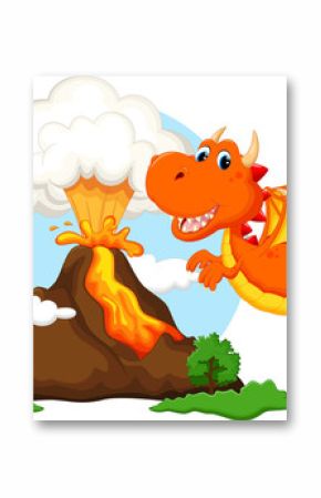 Cute dragon cartoon with volcano background