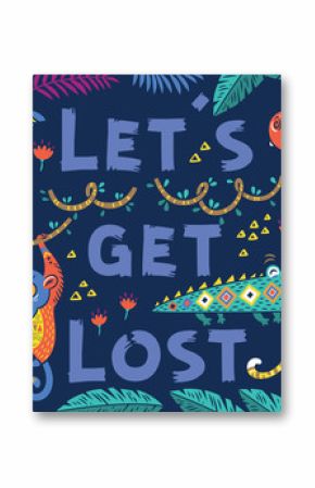 Hand drawn poster with cool cartoon animals in the jungle