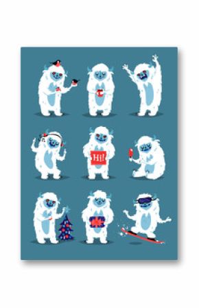 Cute Yeti Abominable Snowman, Bigfoot Sasquatch bigfoot monsters character like people vector set.