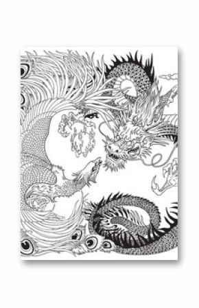Chinese dragon and phoenix feng huang playing with a pearl ball . Black and white vector illustration