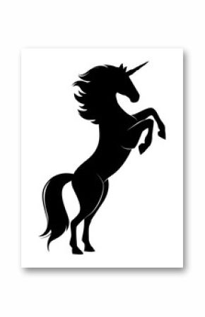 Silhouette of magic cute unicorn. Stylish icon, template, background, tattoo. Print for t-shirt. Hand drawn vector illustration, outline black on white, isolated.   