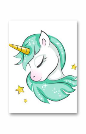 Cute magical unicorn is dreaming. Vector design isolated on white background. Print for t-shirt or sticker. Romantic hand drawing illustration for children.