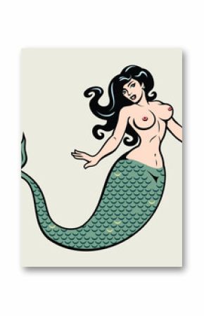 The image of a mermaid in the traditional style of Old school tattoo pin-up
