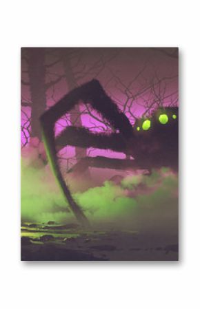 koncepcja ciemnej fantazji przedstawiająca chłopca z pochodnią w obliczu gigantycznego pająka w tajemniczym lesie, styl sztuki cyfrowej, malarstwo ilustracyjne