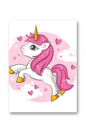 Cute magical unicorn. Vector design on white background. Print for t-shirt. Romantic hand drawing illustration for children.
