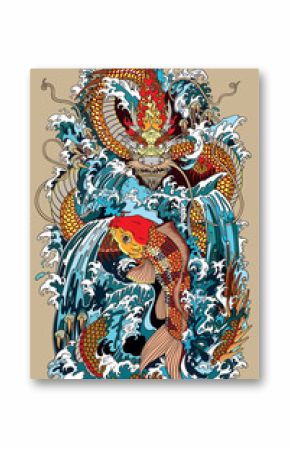golden dragon and koi carp fish which is trying to reach the top of the waterfall. Tattoo style vector illustration according to ancient Chinese and Japanese myth