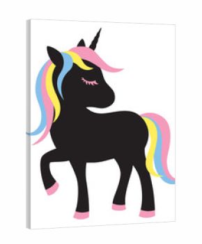 Vector illustration of cute black unicorn silhouette with multi colored hair.