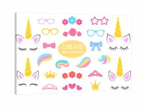 Create your own unicorn - big vector collection. Unicorn constructor. Cute unicorn face. Unicorn details - Horhs, eyelashes, ears, hairstyles, flowers, crowns, glasses, bows . Vector