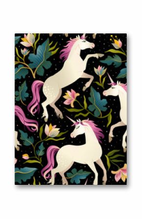 Seamless pattern with beautiful unicorns. Vector magic background for kids design.