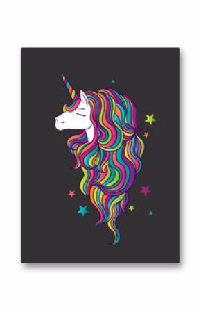 A beautiful unicorn with a multicolored mane. A fabulous animal. Vector illustration for a postcard, poster or print for clothes.