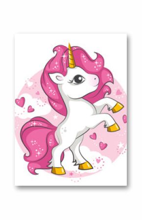 Cute little pink  magical unicorn. Vector design on white background. Print for t-shirt. Romantic hand drawing illustration for children.