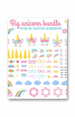 Vector collection - Big unicorn bundle. Create your own unicorn. Unicorn constructor - horhs, eyelashes, ears, hairstyles, flowers, crowns, glasses, bows.