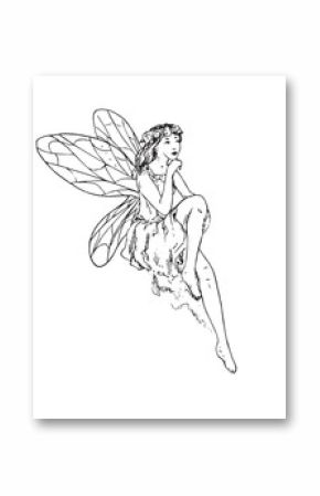 Beautiful young fairy sitting, hand drawn outline doodle sketch, black and white vector illustration
