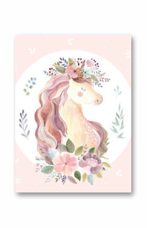 Vintage illustration with cute unicorn on pink background