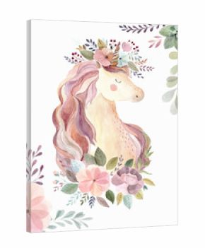 Vintage illustration with cute unicorn and flowers