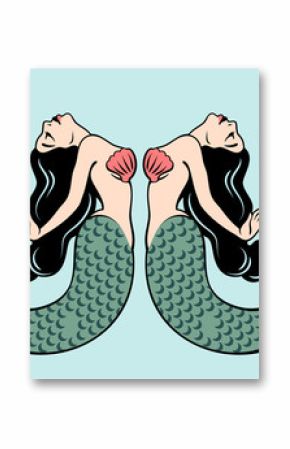 Pair of beautiful mermaids with long hair 