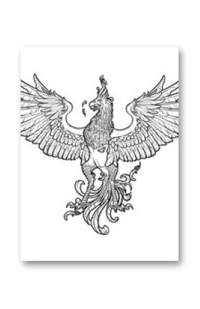 Phoenix or Phenix magic creature from ancient greek myths. Heraldic supporter. Sketch isolated on white background. EPS10 vector illustration.