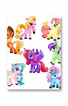 Set of colorful little cute ponies and unicorn isolated on white background. Vector cartoon close-up illustration.