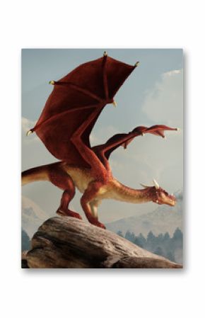 A huge red dragon is perched on a stone covered hill. Its wings spread, the monster of myth and legend looks out over a verdant valley. 3D Rendering