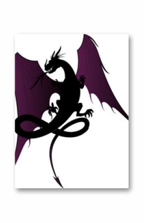 Stylized dragon is flying with membrane wings, tail, claws, horns, whiskers, transparent background
