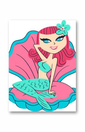 Flat design mermaid is sitting inside pink teal clam shell with pink hair, transparent background