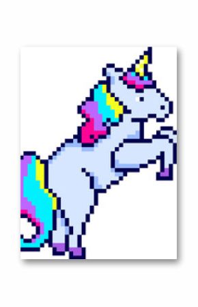 Pixel art unicorn is rearing on hind legs on transparent background, showcasing pastel rainbow mane