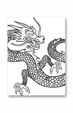 Mythical Eastern dragon is undulating in black line art, showing scales on transparent background