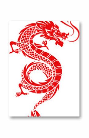 Flat dragon art is showing S-shape pose with scales horns tail and smoke on transparent background