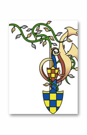 Heraldic dragon is coiling around staff gripping shields entwining vine on transparent background